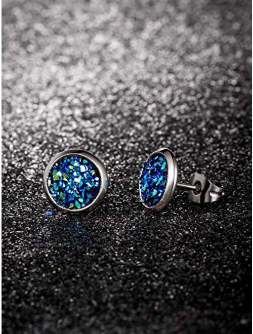 20 Pairs Round Stud Earrings Stainless Steel Druzy Studs Earrings Set Anti-sensitive Fits Women Girls, 8 mm and 12 mm