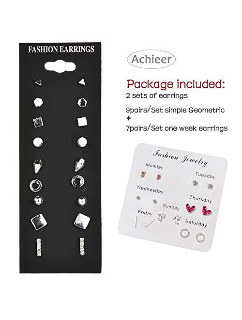 Achieer 9pairs/Set Simple Vintage Geometric Crystal Stud Earrings Set Charm Trendy Gold/Silver Alloy Punk Earrings Women Causal Jewelry Accessories Gift