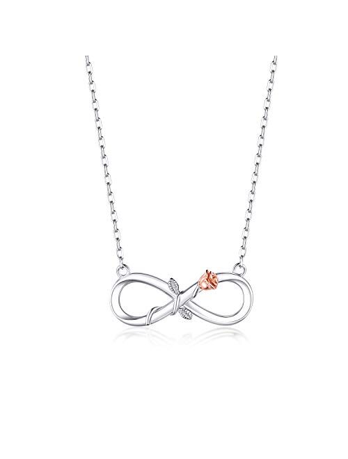 BlingGem Necklaces for Women 925 Sterling Silver Infinity Rose Dainty Necklace Rose Gold Plated Flower Pendant Love Jewelry Gift for Women 19 Inches