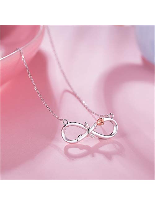 BlingGem Necklaces for Women 925 Sterling Silver Infinity Rose Dainty Necklace Rose Gold Plated Flower Pendant Love Jewelry Gift for Women 19 Inches