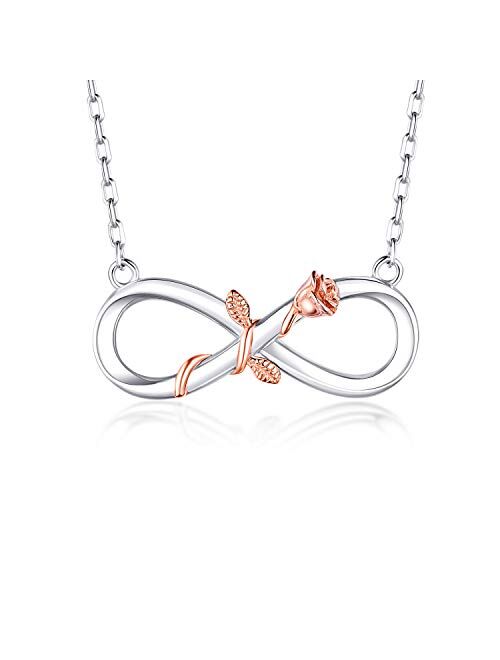 BlingGem Necklaces for Women 925 Sterling Silver Infinity Rose Dainty Necklace Rose Gold Plated Flower Pendant Love Jewelry Gift for Women 19 Inches