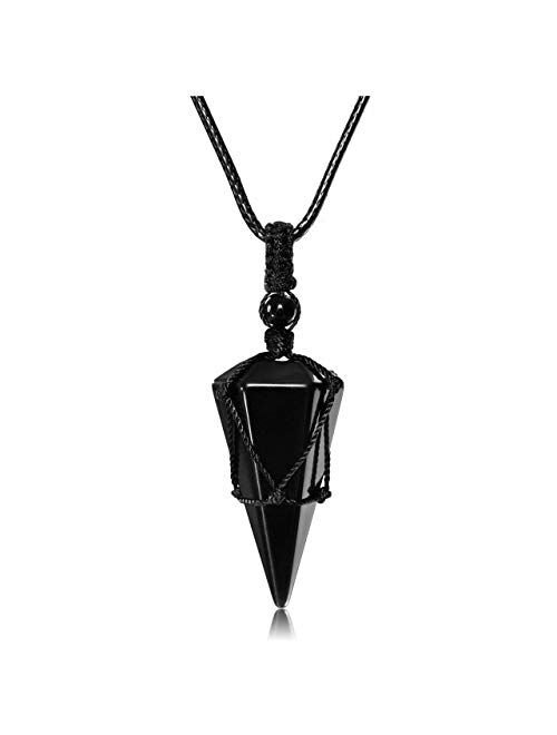 Top Plaza 6 Facet Reiki Healing Crystal Stone Pointed Pendant Necklaces Adjustable Natural Gemstone Necklace Reiki Quartz Jewelry for Women Men