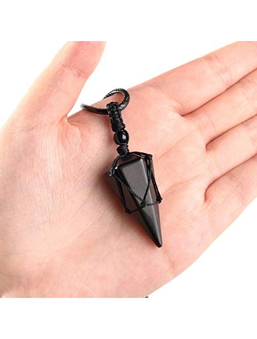 Top Plaza 6 Facet Reiki Healing Crystal Stone Pointed Pendant Necklaces Adjustable Natural Gemstone Necklace Reiki Quartz Jewelry for Women Men