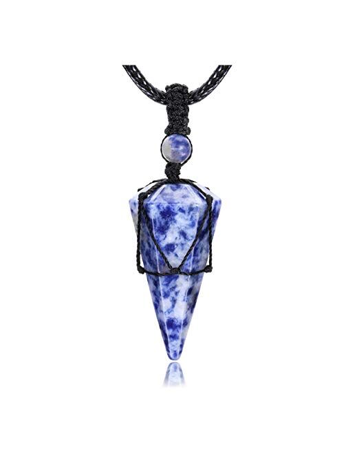 Top Plaza 6 Facet Reiki Healing Crystal Stone Pointed Pendant Necklaces Adjustable Natural Gemstone Necklace Reiki Quartz Jewelry for Women Men