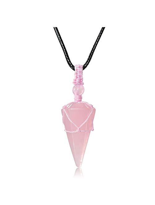 Top Plaza 6 Facet Reiki Healing Crystal Stone Pointed Pendant Necklaces Adjustable Natural Gemstone Necklace Reiki Quartz Jewelry for Women Men