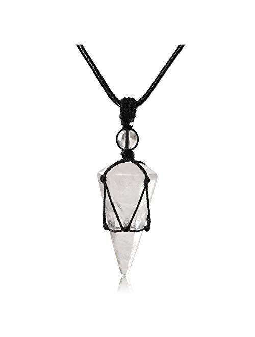 Top Plaza 6 Facet Reiki Healing Crystal Stone Pointed Pendant Necklaces Adjustable Natural Gemstone Necklace Reiki Quartz Jewelry for Women Men