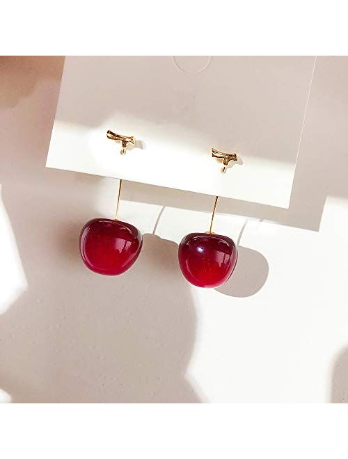 ONEYIM 3D Red Cherry Drop Earrings Cute Fruit Gold Dangle Earrings Charm Jewelry Gift Earrings for Women Girls