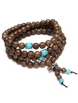 Top Plaza Unisex 108 Natural Wood 6mm 8mm Beads Bracelet Buddhist Rosary Mala Necklace(8mm Sandalwood Duobao)