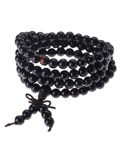 Top Plaza Unisex 108 Natural Wood 6mm 8mm Beads Bracelet Buddhist Rosary Mala Necklace(8mm Sandalwood Duobao)