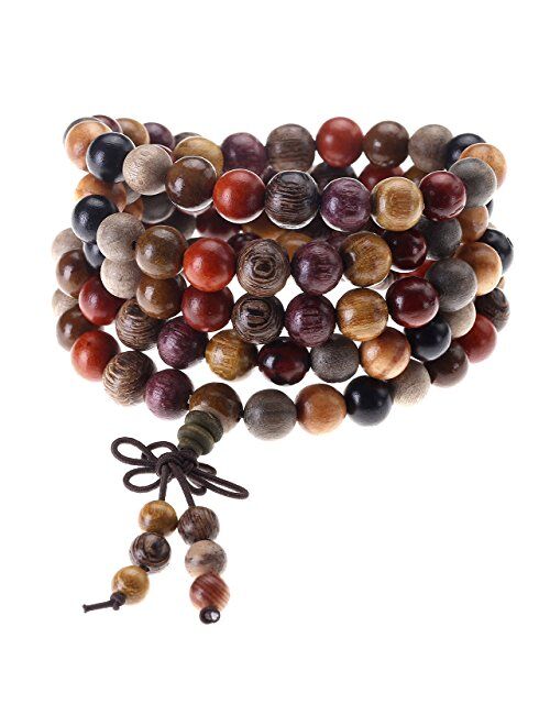 Top Plaza Unisex 108 Natural Wood 6mm 8mm Beads Bracelet Buddhist Rosary Mala Necklace(8mm Sandalwood Duobao)