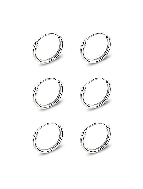 B. BRILLIANT Set of 3 Sterling Silver Small Endless 10mm Thin Round Cartilage Hoop Earrings