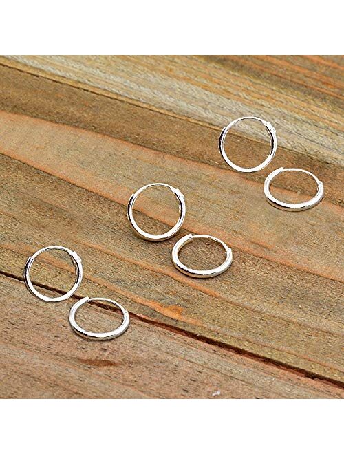 B. BRILLIANT Set of 3 Sterling Silver Small Endless 10mm Thin Round Cartilage Hoop Earrings