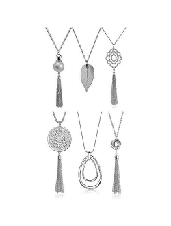 SEVENSTONE 3PCS Long Pendant Necklaces for Women Knot Disk Circle Tassel Statement Sweater Necklace Set