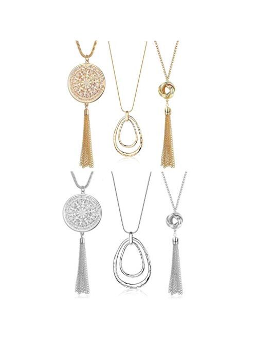 SEVENSTONE 3PCS Long Pendant Necklaces for Women Knot Disk Circle Tassel Statement Sweater Necklace Set