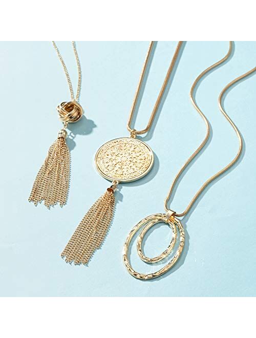 SEVENSTONE 3PCS Long Pendant Necklaces for Women Knot Disk Circle Tassel Statement Sweater Necklace Set