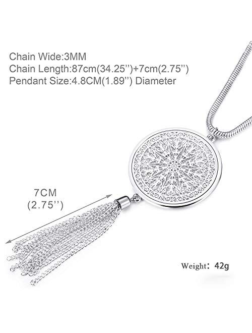 SEVENSTONE 3PCS Long Pendant Necklaces for Women Knot Disk Circle Tassel Statement Sweater Necklace Set