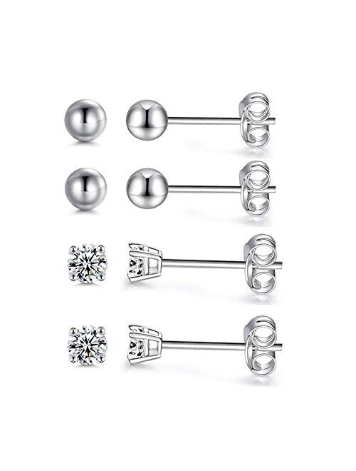 MASOP 2-8mm Sterling Silver Cubic Zirconia Stud Earrings Set Hypoallergenic Tiny Round Ball 14K White Gold Plated Round Cut CZ Simulated Diamond Cartilage Studs for Girls