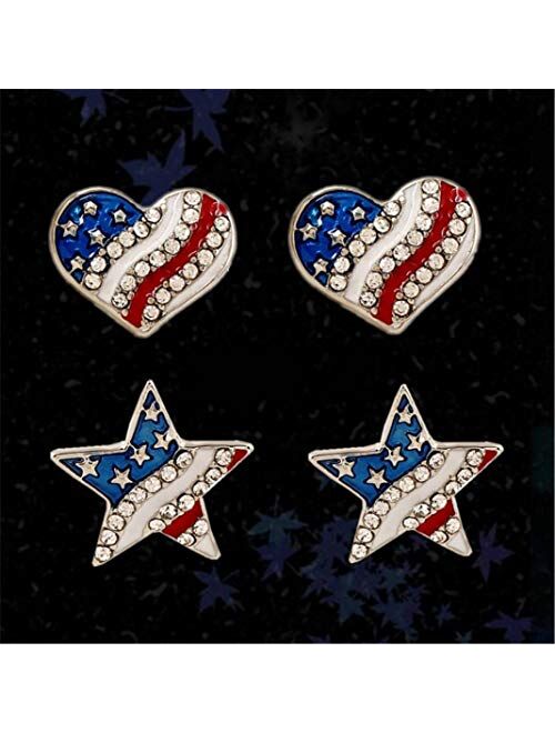 GLOA Earrings for Women, Rhinestone Star Love Heart American Flag Ear Studs Piercing Earrings Gift - Blue Love Heart