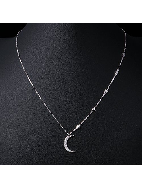 S925 Sterling Silver Jewelry Crescent Moon and Star Pendant Necklace