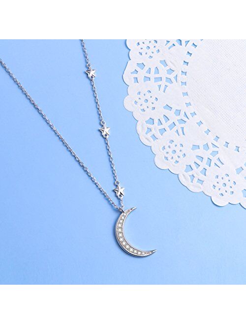 S925 Sterling Silver Jewelry Crescent Moon and Star Pendant Necklace