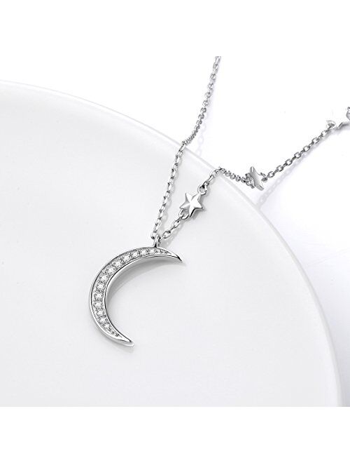 S925 Sterling Silver Jewelry Crescent Moon and Star Pendant Necklace