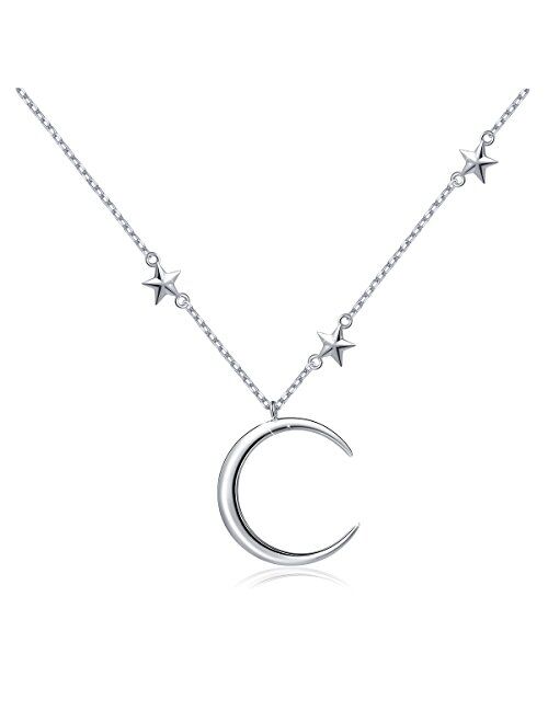 S925 Sterling Silver Jewelry Crescent Moon and Star Pendant Necklace