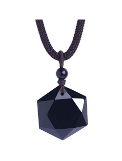 MOHICO Obsidian Pendant Necklace Obsidian Crystal Pendant Necklace Pattern with Extend Bead Chain for Men or Women