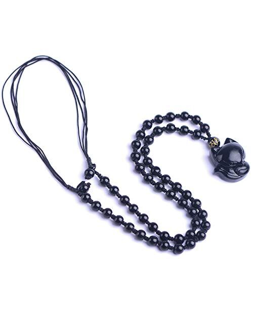 MOHICO Obsidian Pendant Necklace Obsidian Crystal Pendant Necklace Pattern with Extend Bead Chain for Men or Women