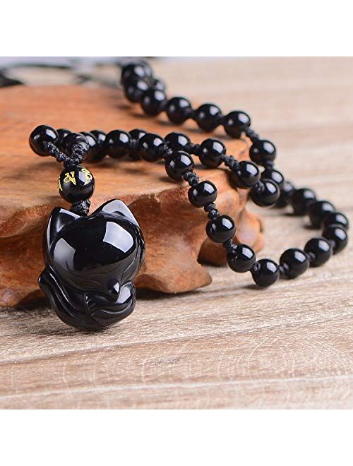 MOHICO Obsidian Pendant Necklace Obsidian Crystal Pendant Necklace Pattern with Extend Bead Chain for Men or Women