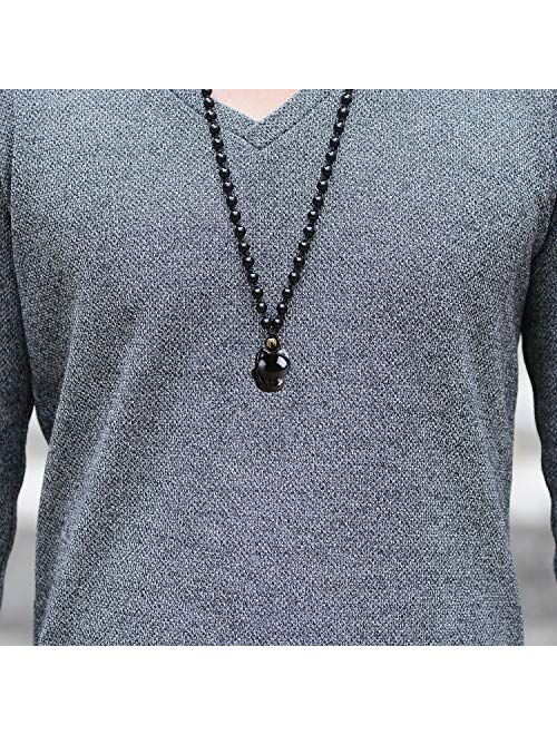 MOHICO Obsidian Pendant Necklace Obsidian Crystal Pendant Necklace Pattern with Extend Bead Chain for Men or Women