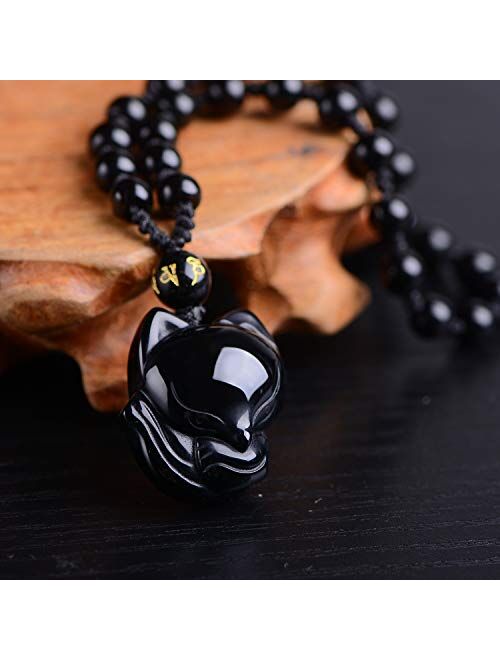 MOHICO Obsidian Pendant Necklace Obsidian Crystal Pendant Necklace Pattern with Extend Bead Chain for Men or Women