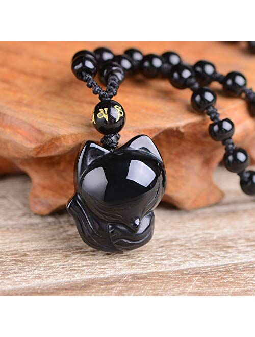 MOHICO Obsidian Pendant Necklace Obsidian Crystal Pendant Necklace Pattern with Extend Bead Chain for Men or Women