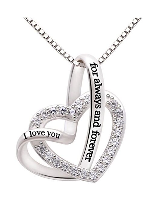 ALOV Jewelry Sterling Silver I Love You for Always and Forever Love Heart Cubic Zirconia Necklace