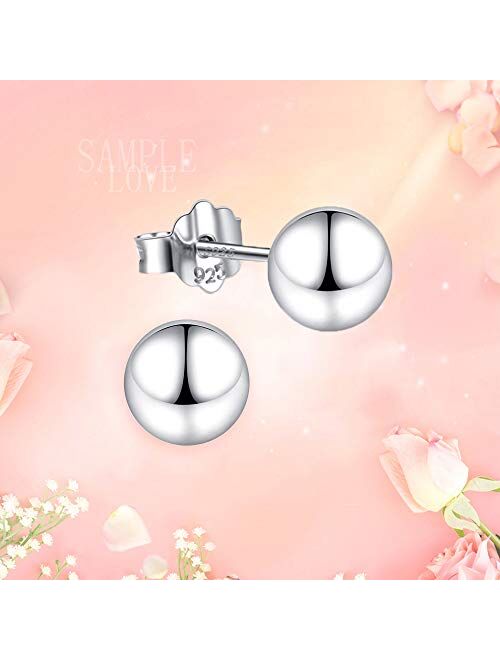 White Gold Sterling Silver Ball Stud Earrings 3mm-10mm Options, Simple Polished Ball Studs Hypoallergenic Jewelry