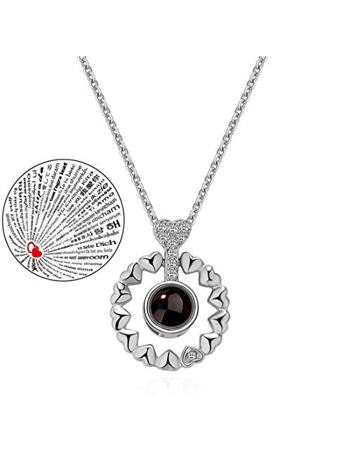 Inf-way I Love You Necklace, 925 Sterling Silver 100 Languages Projection on Round Onyx Pendant Loving Memory Collarbone Necklace 1 Pcs