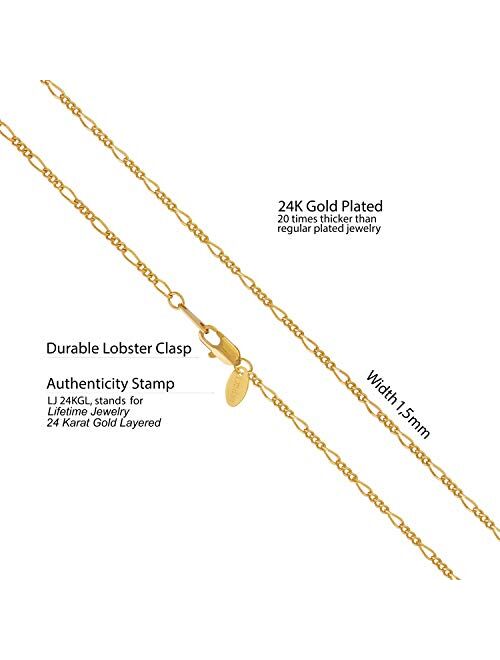 Lifetime Jewelry 1.5mm Figaro Chain Necklace Women and Men 24k Real Gold Plated