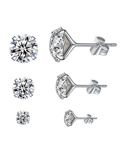 YAN & LEI Sterling Silver Brilliant Swarovski Crystal Studs Earrings Set of 3 Pairs in 4 mm, 6mm and 8 mm