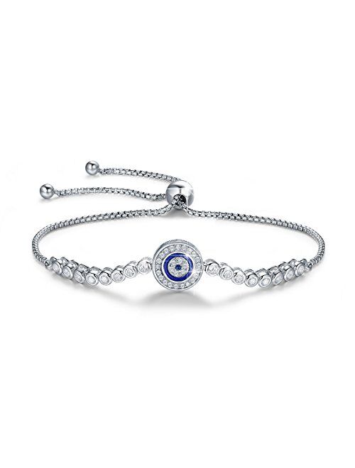 BAMOER 925 Sterling Silver Expandable Lucky Blue Evil Eye Chain Bracelet Necklace with Sparkling Cubic Zirconia for Women Girls