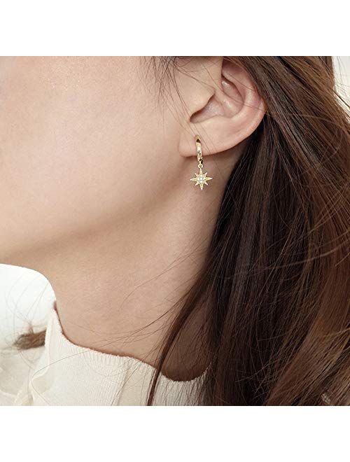 Crystal Moon Star Dangle Hoop Earrings for Women Teen Girls S925 Sterling Silver with Charms Asymmetrical CZ Diamond Drop Cartilage Cute Jewelry Delicate Fashion Birthday