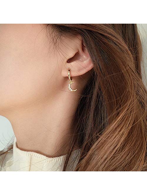 Crystal Moon Star Dangle Hoop Earrings for Women Teen Girls S925 Sterling Silver with Charms Asymmetrical CZ Diamond Drop Cartilage Cute Jewelry Delicate Fashion Birthday