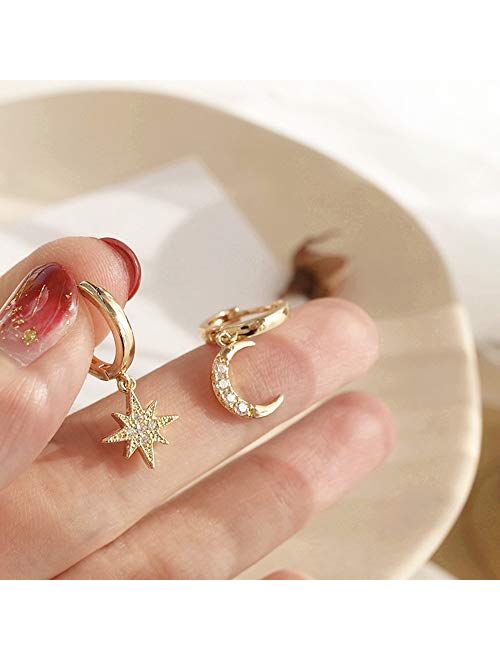 Crystal Moon Star Dangle Hoop Earrings for Women Teen Girls S925 Sterling Silver with Charms Asymmetrical CZ Diamond Drop Cartilage Cute Jewelry Delicate Fashion Birthday