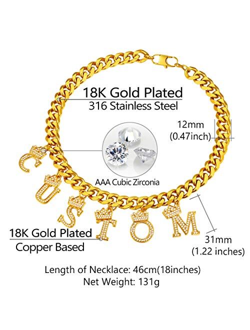 Richsteel A-Z Crown Initial Necklace for Men Women 18K Gold Plated Shiny Cubic Zirconia Monogram Pendant with 22'' Chain+2'' (Extended) Custom 1-6 Letters Name Jewelry(wi