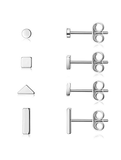 Sterling Silver Stud Earrings for Women Men- 4 Pairs of Hypoallergenic Simple Geometric Small Stud Earring Set Tiny Circle Triangle Square Bar Stud Earrings Mini Cartilag