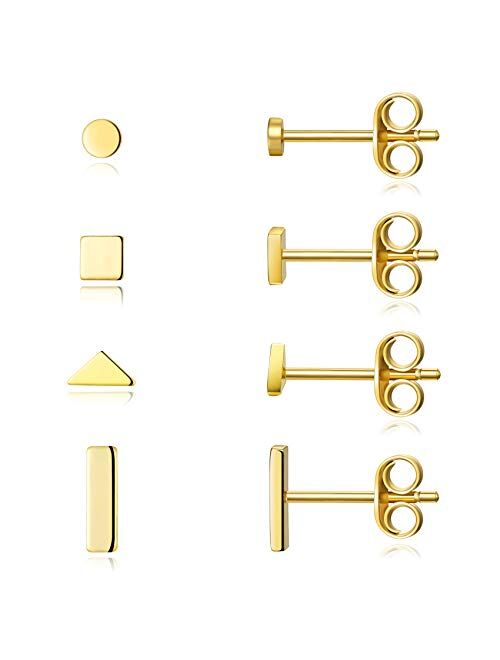 Sterling Silver Stud Earrings for Women Men- 4 Pairs of Hypoallergenic Simple Geometric Small Stud Earring Set Tiny Circle Triangle Square Bar Stud Earrings Mini Cartilag