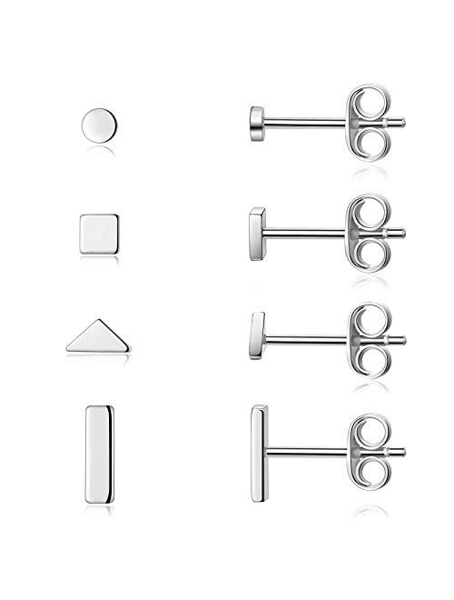 Sterling Silver Stud Earrings for Women Men- 4 Pairs of Hypoallergenic Simple Geometric Small Stud Earring Set Tiny Circle Triangle Square Bar Stud Earrings Mini Cartilag