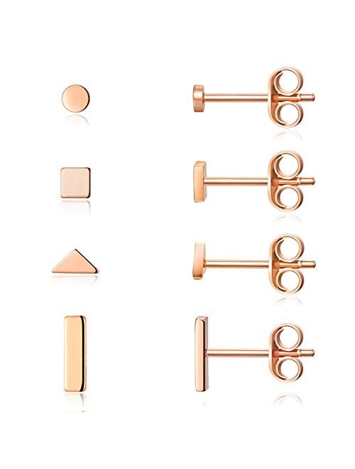 Sterling Silver Stud Earrings for Women Men- 4 Pairs of Hypoallergenic Simple Geometric Small Stud Earring Set Tiny Circle Triangle Square Bar Stud Earrings Mini Cartilag