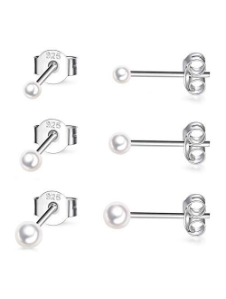 Sterling Silver Stud Earrings for Women Girls- 3 Pairs Tiny Ball Stud Earrings Round CZ Cubic Zirconia Earrings Pearl Earrings Set Cartilage Small Tragus Earrings(2mm,3mm