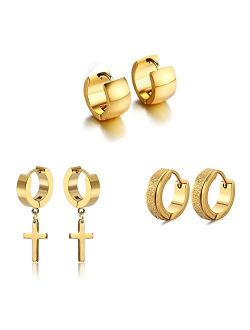 Unisex 3 Pairs Different Style of 18K Gold Plating Hoop Earrings in High Polished Surgical Steel,Safe for Sensitive Ears,Lightweight