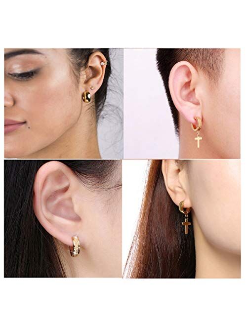 Unisex 3 Pairs Different Style of 18K Gold Plating Hoop Earrings in High Polished Surgical Steel,Safe for Sensitive Ears,Lightweight