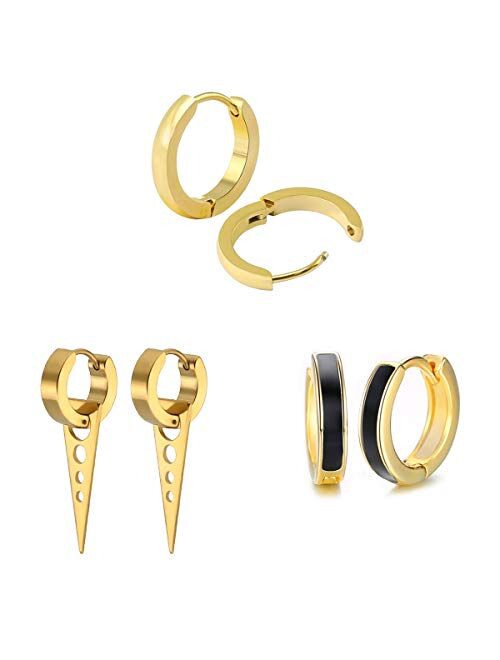 Unisex 3 Pairs Different Style of 18K Gold Plating Hoop Earrings in High Polished Surgical Steel,Safe for Sensitive Ears,Lightweight